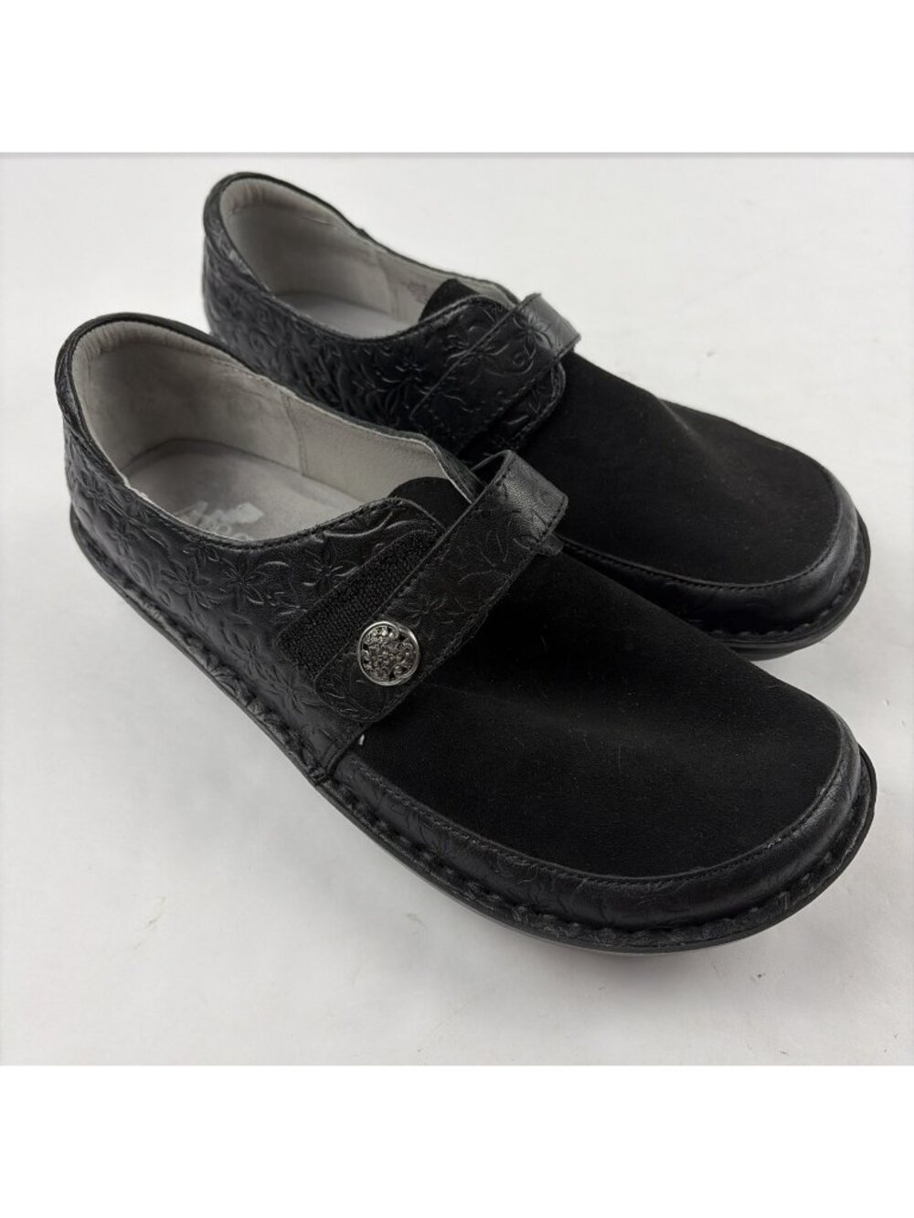 Alegria Brenna Leather Shoes Women’s 40 US 9/9.5 Black Embossed Floral BRE-8140